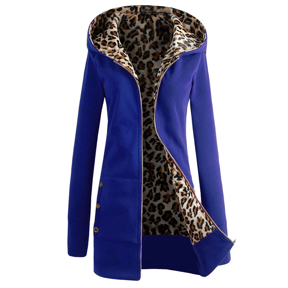 Autumn Winter Fashion Womens Leopard Printed Zipper Up Hooded Coat Jacket Long Sleeve Outwear Sweatshirts