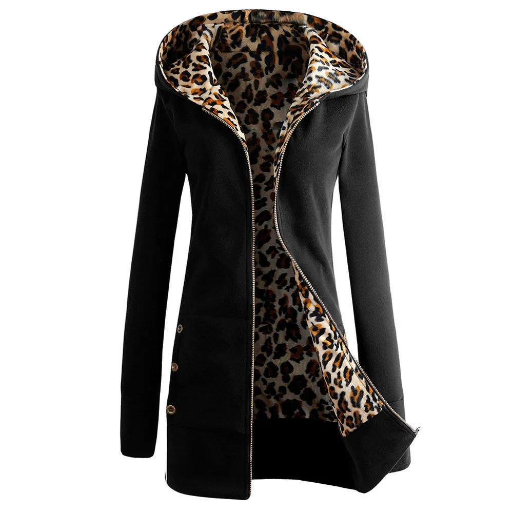 Autumn Winter Fashion Womens Leopard Printed Zipper Up Hooded Coat Jacket Long Sleeve Outwear Sweatshirts