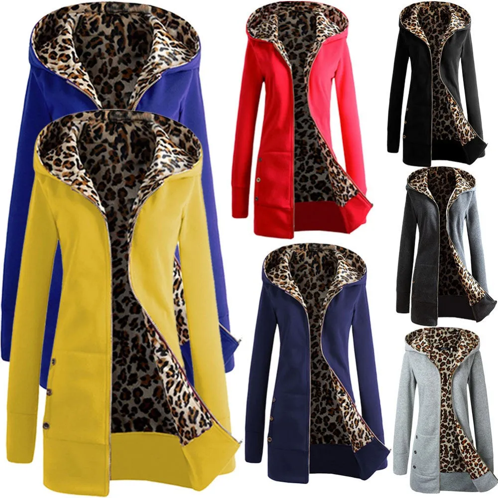 Autumn Winter Fashion Womens Leopard Printed Zipper Up Hooded Coat Jacket Long Sleeve Outwear Sweatshirts