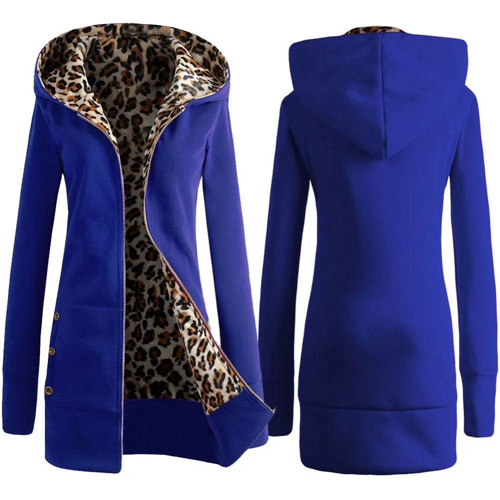 Autumn Winter Fashion Womens Leopard Printed Zipper Up Hooded Coat Jacket Long Sleeve Outwear Sweatshirts