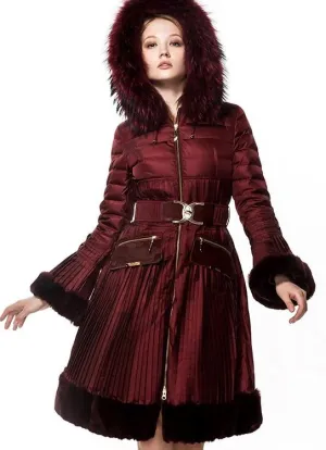 Belted Fur-Trimmed Pleated Down Coat in Red