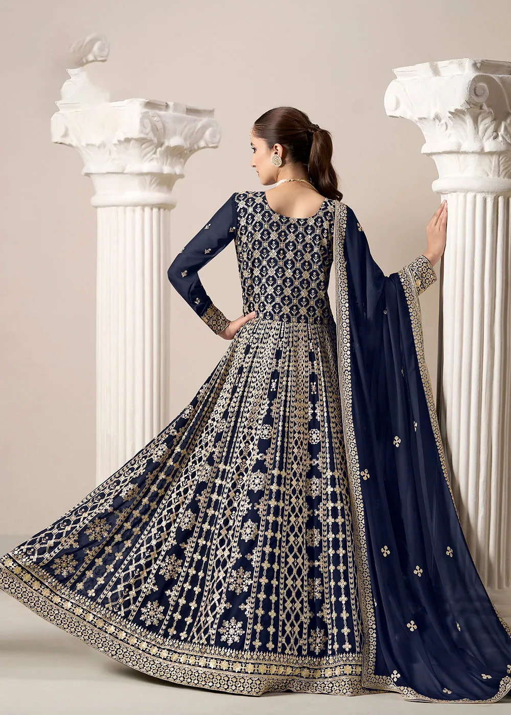 Blue All Over Embroidered Georgette Designer Anarkali Gown