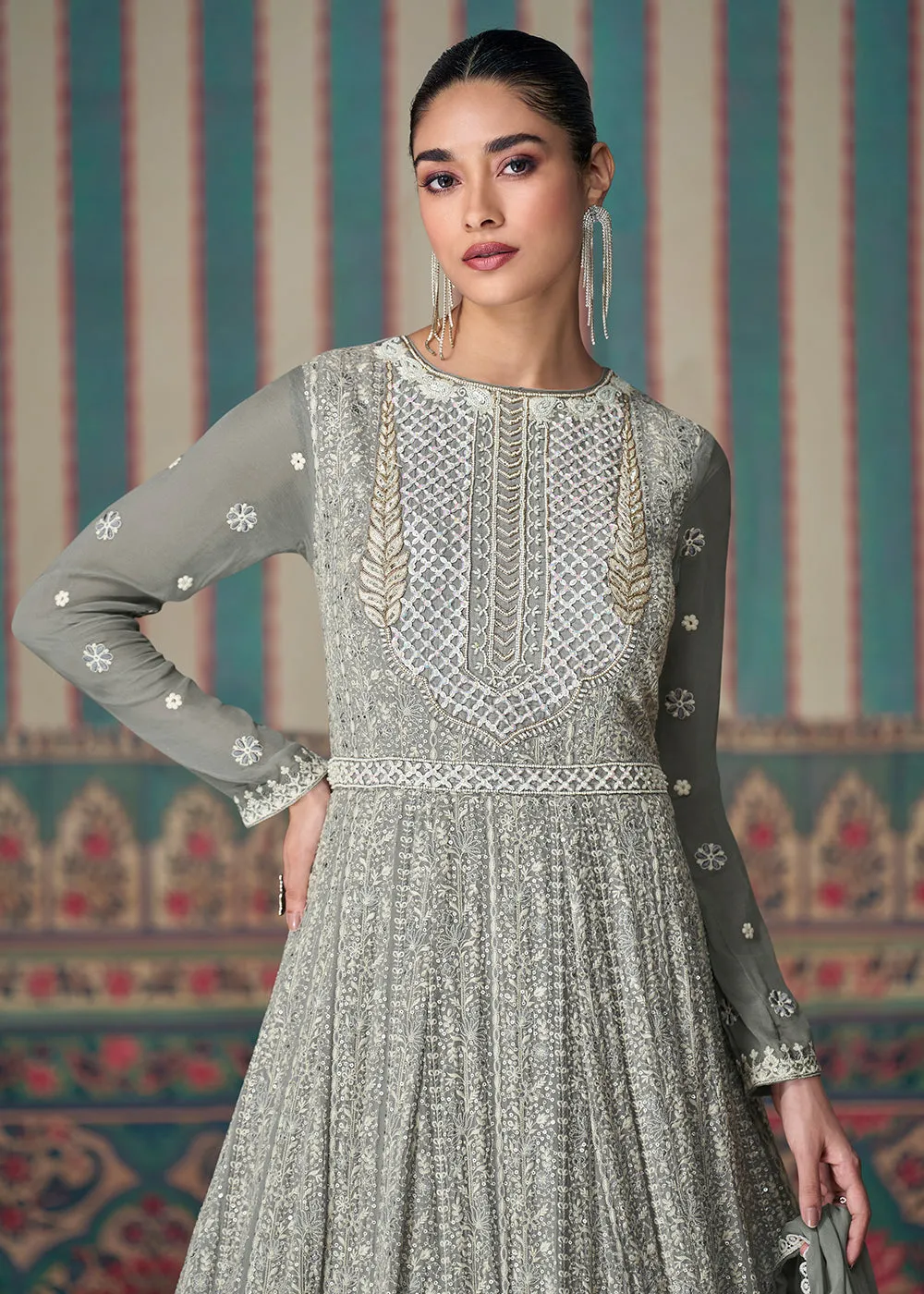 Chikankari Embroidered Grey Georgette Wedding Anarkali Suit