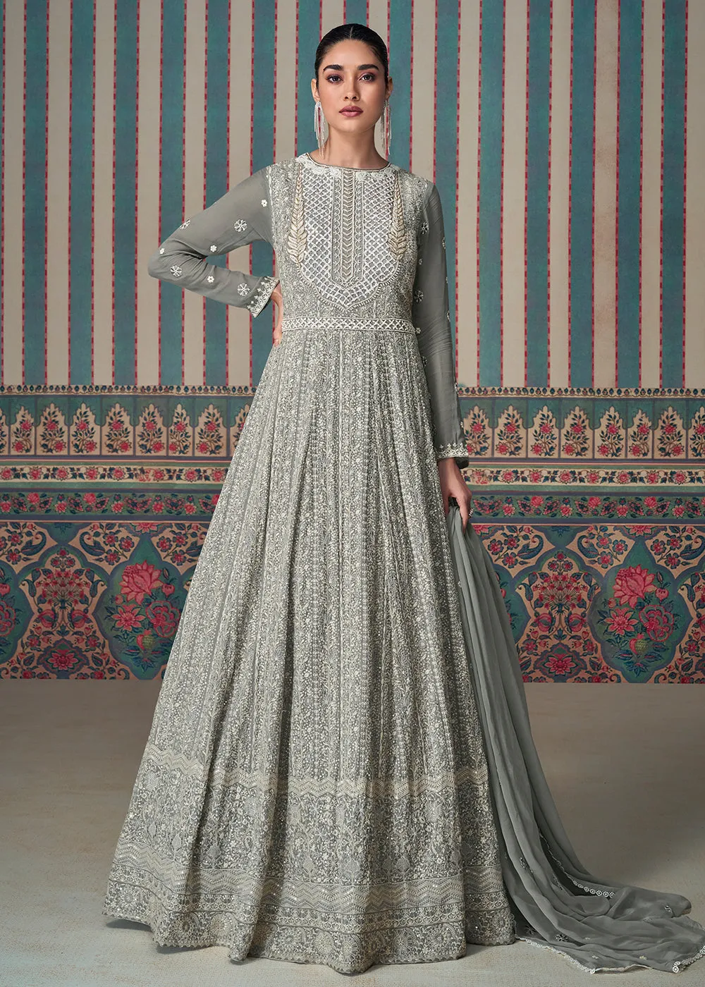 Chikankari Embroidered Grey Georgette Wedding Anarkali Suit