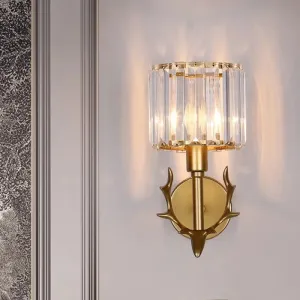 Contemporary Gold Crystal Cylinder Wall Sconce with Antler Decor – 1 Bulb Living Room Light