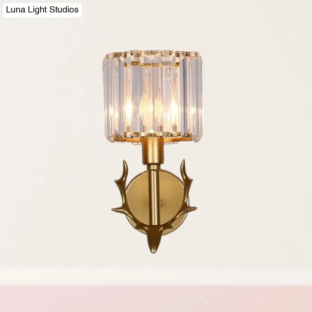 Contemporary Gold Crystal Cylinder Wall Sconce with Antler Decor – 1 Bulb Living Room Light