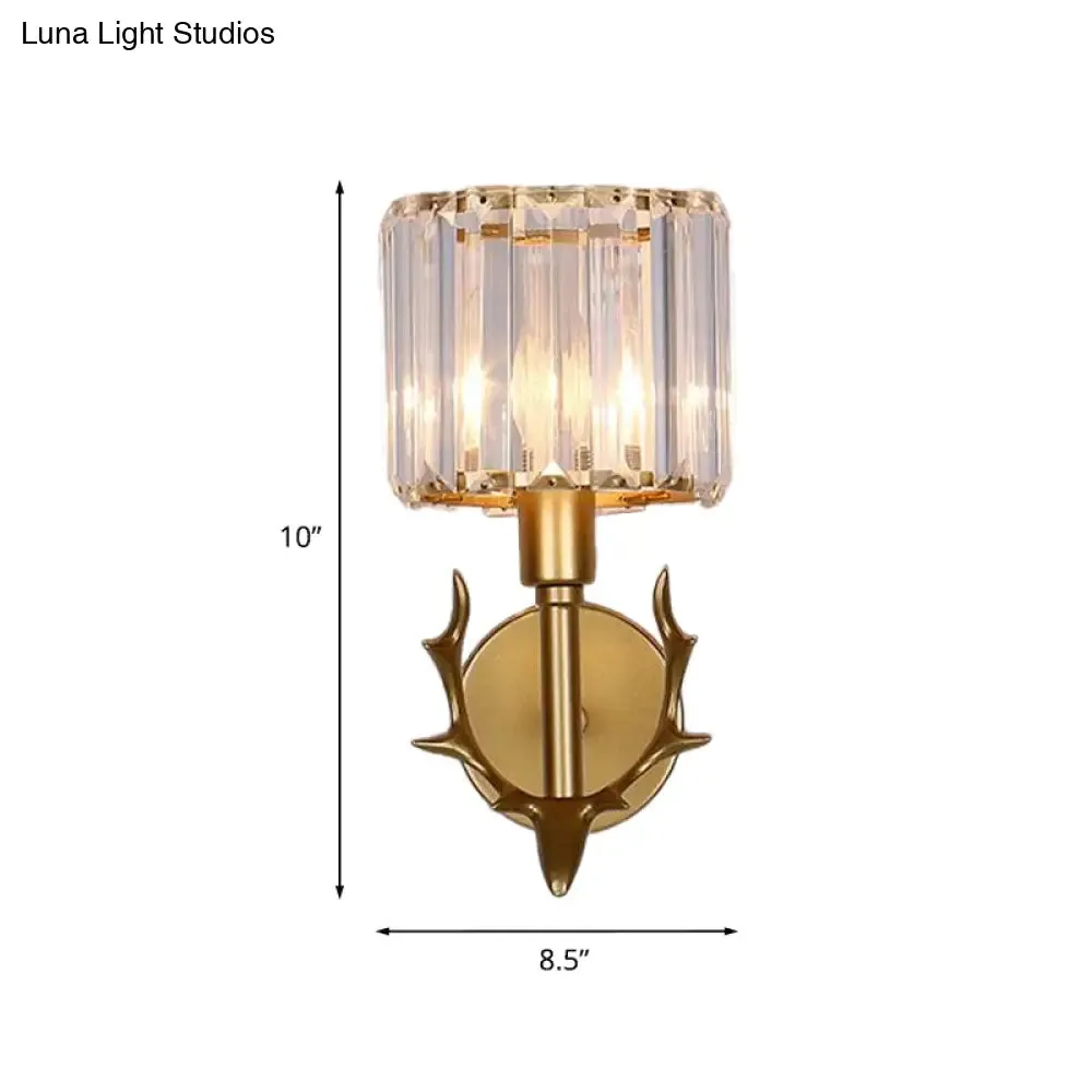 Contemporary Gold Crystal Cylinder Wall Sconce with Antler Decor – 1 Bulb Living Room Light