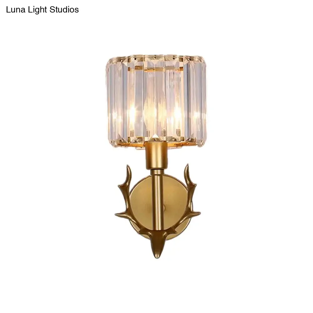 Contemporary Gold Crystal Cylinder Wall Sconce with Antler Decor – 1 Bulb Living Room Light