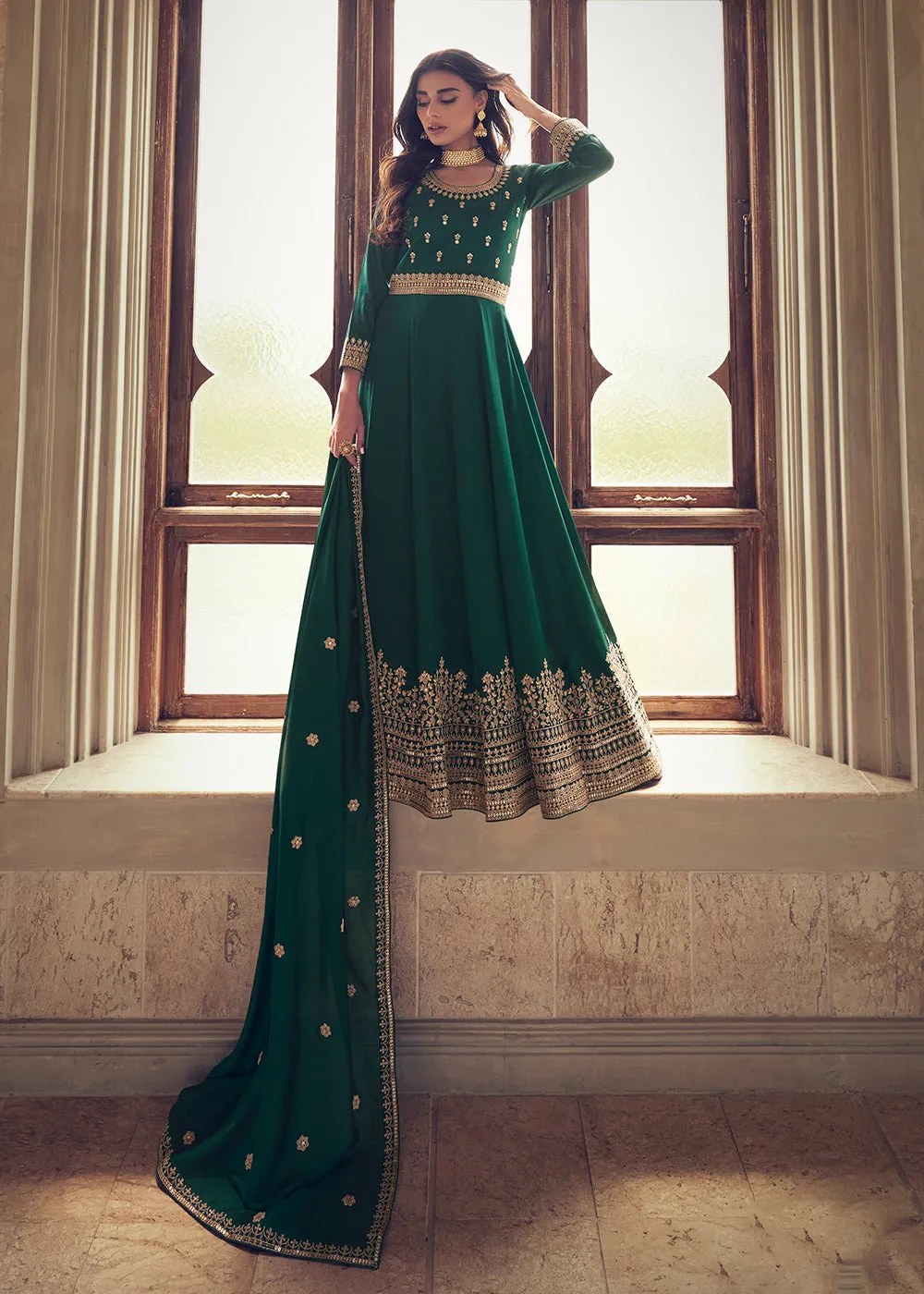 Designer Dark Green Silk Floor Length Anarkali Suit