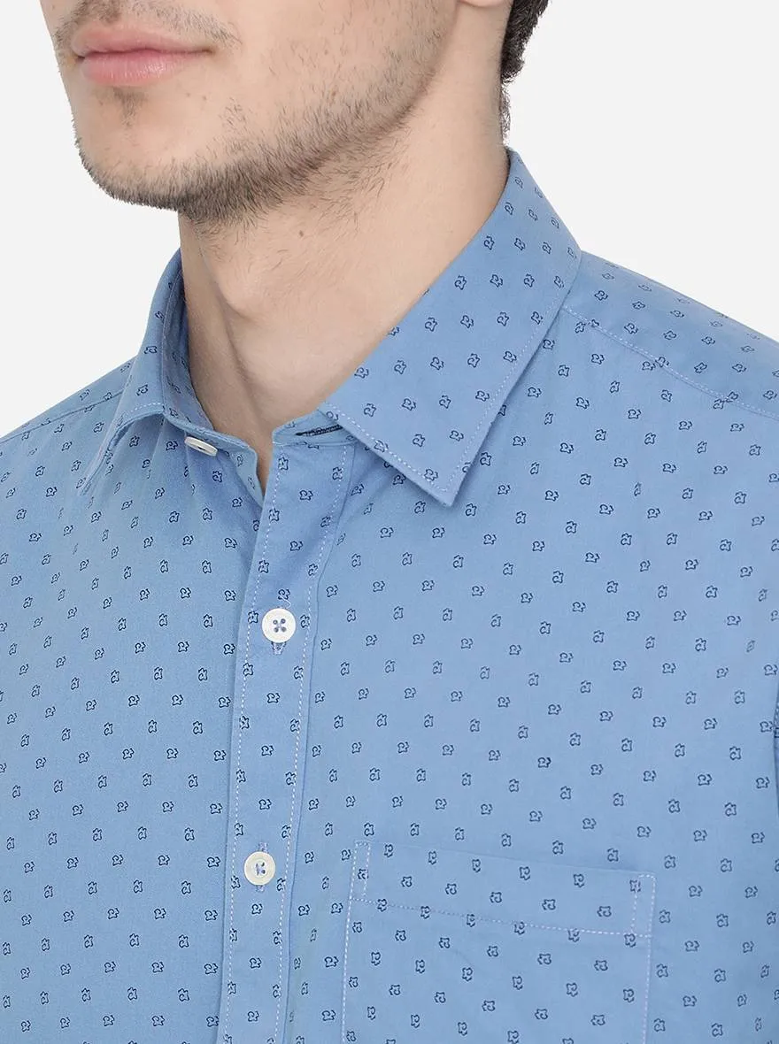 Dusty Blue Printed Slim Fit Semi Casual Shirt | Greenfibre