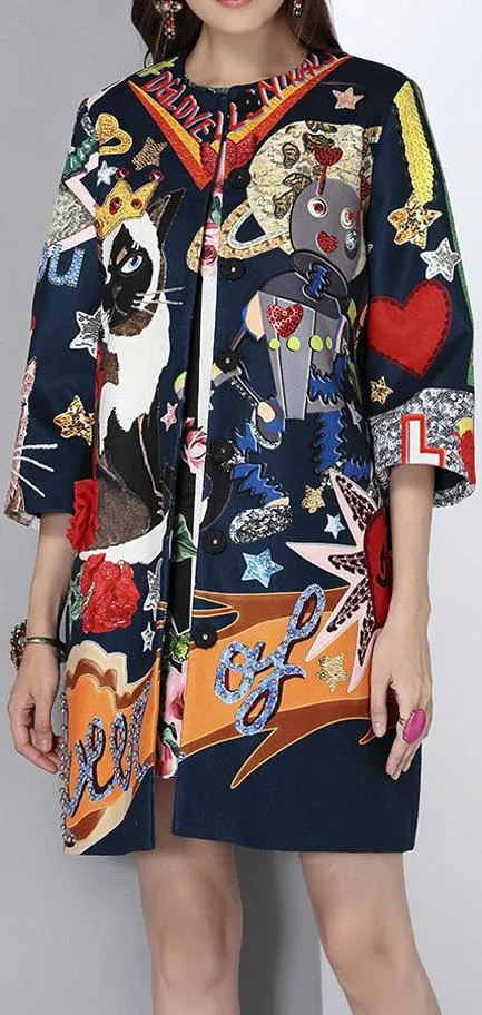 Embellished Printed Coat