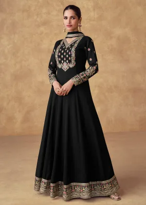 Embroidered Black Chinnon Silk Festive Anarkali Suit