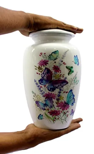 Esplanade Metal Cremation Urn Full Size Memorial Jar Colorful Butterflies Print