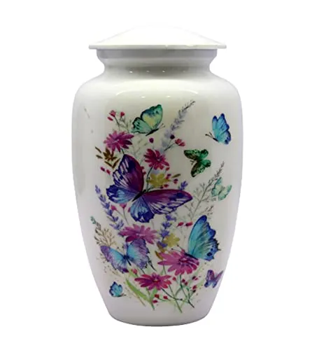 Esplanade Metal Cremation Urn Full Size Memorial Jar Colorful Butterflies Print