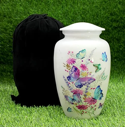 Esplanade Metal Cremation Urn Full Size Memorial Jar Colorful Butterflies Print