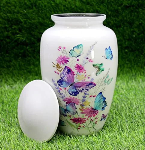 Esplanade Metal Cremation Urn Full Size Memorial Jar Colorful Butterflies Print