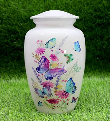 Esplanade Metal Cremation Urn Full Size Memorial Jar Colorful Butterflies Print