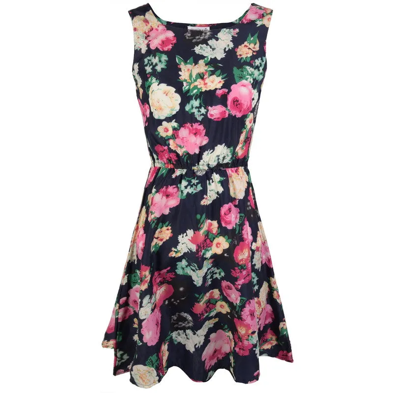 Fashion Women New Desigual Apricot Sleeveless Round Neck Florals Print Pleated Dress Saias Femininas Summer Clothing