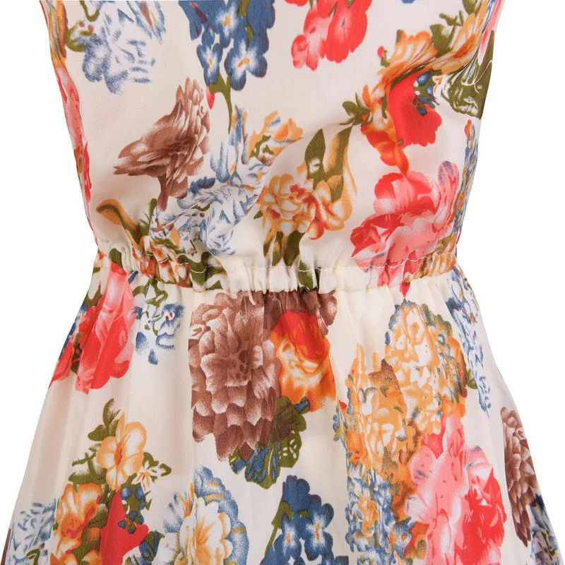 Fashion Women New Desigual Apricot Sleeveless Round Neck Florals Print Pleated Dress Saias Femininas Summer Clothing