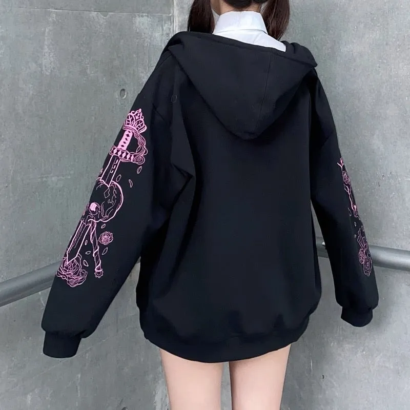 Fashionkova  Women Y2K Rhinestone Zipper Hoodies Autumn Goth Oversized Sweatshirts Grunge Hooded Jacket Coat Streetwear Retro Women Outwear