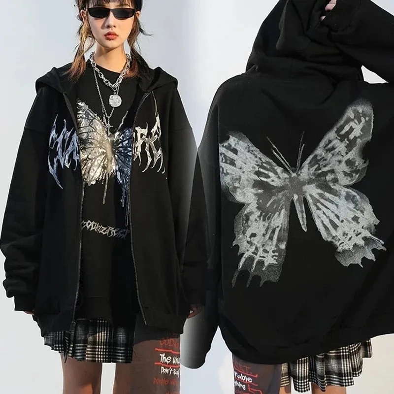 Fashionkova  Women Y2K Rhinestone Zipper Hoodies Autumn Goth Oversized Sweatshirts Grunge Hooded Jacket Coat Streetwear Retro Women Outwear