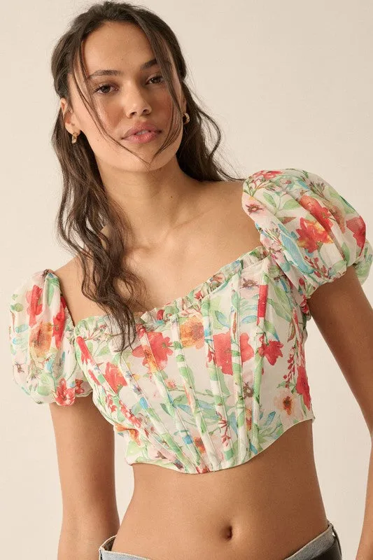 Floral Puffed Sleeve Cropped Corset Top