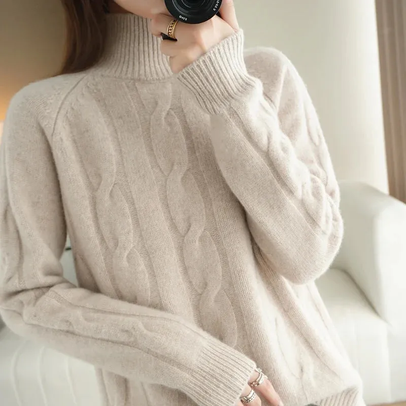 Flytonn-DY Winter Sweaters Women England Office Lady Fashion Vintage Twisted flower Loose Turtleneck Sweaters Women Pullovers Tops