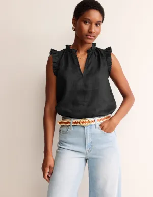 Frill Sleeve Linen Notch Top-Black