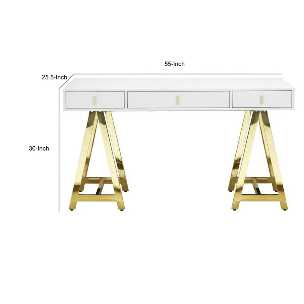 Ile 55 Inch Desk with 3 Storage Drawers, White Wood Veneer, Gold Metal By Casagear Home