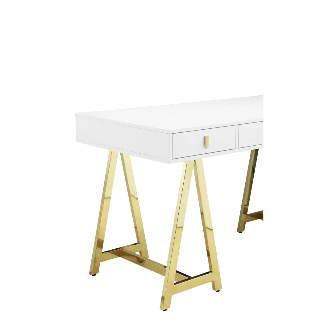 Ile 55 Inch Desk with 3 Storage Drawers, White Wood Veneer, Gold Metal By Casagear Home