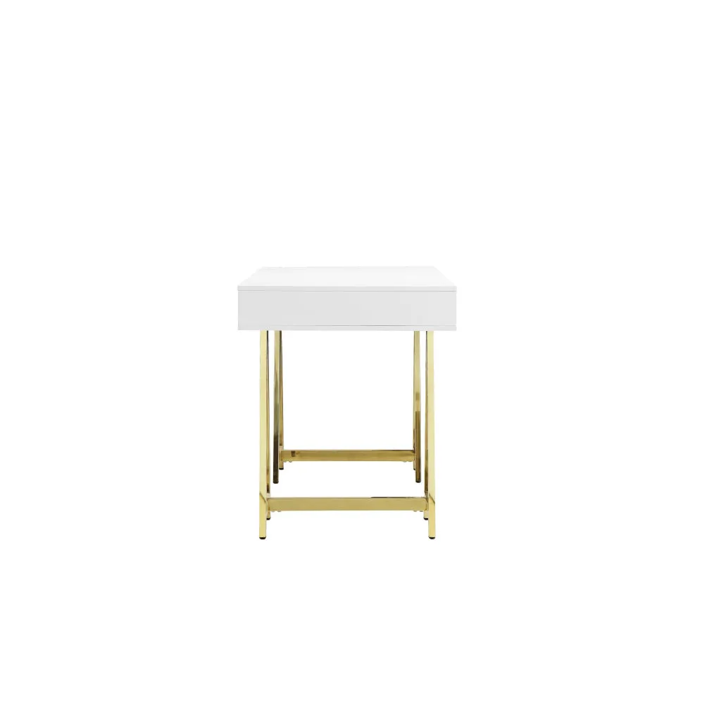 Ile 55 Inch Desk with 3 Storage Drawers, White Wood Veneer, Gold Metal By Casagear Home