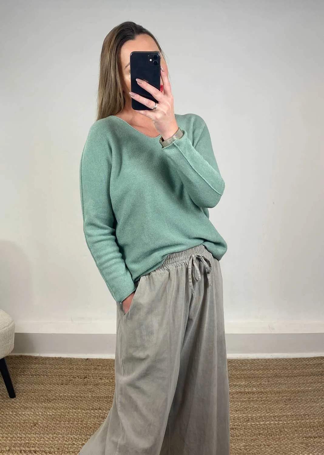 Lorna V Neck Jumper in Sage Green