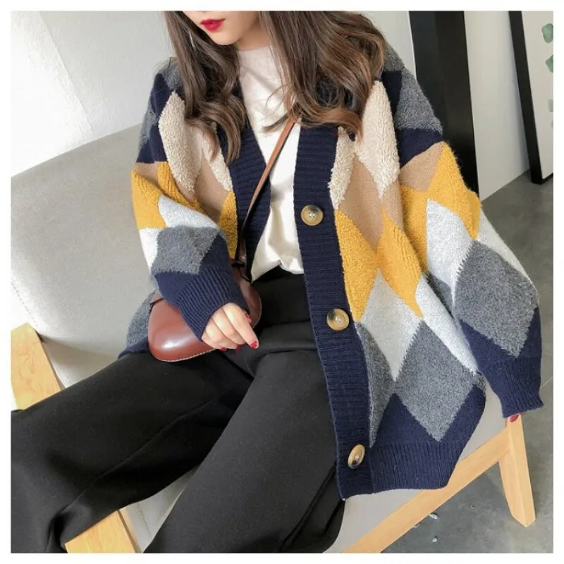 Luxury Cardigans Plaid Loose Button Puff Sleeve Knitted Cardigan Female Warm Y2K Tops Sweaters S-XL Long Cardigans Women 2023