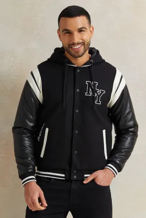 Men Black Baseball Hooded Jacket