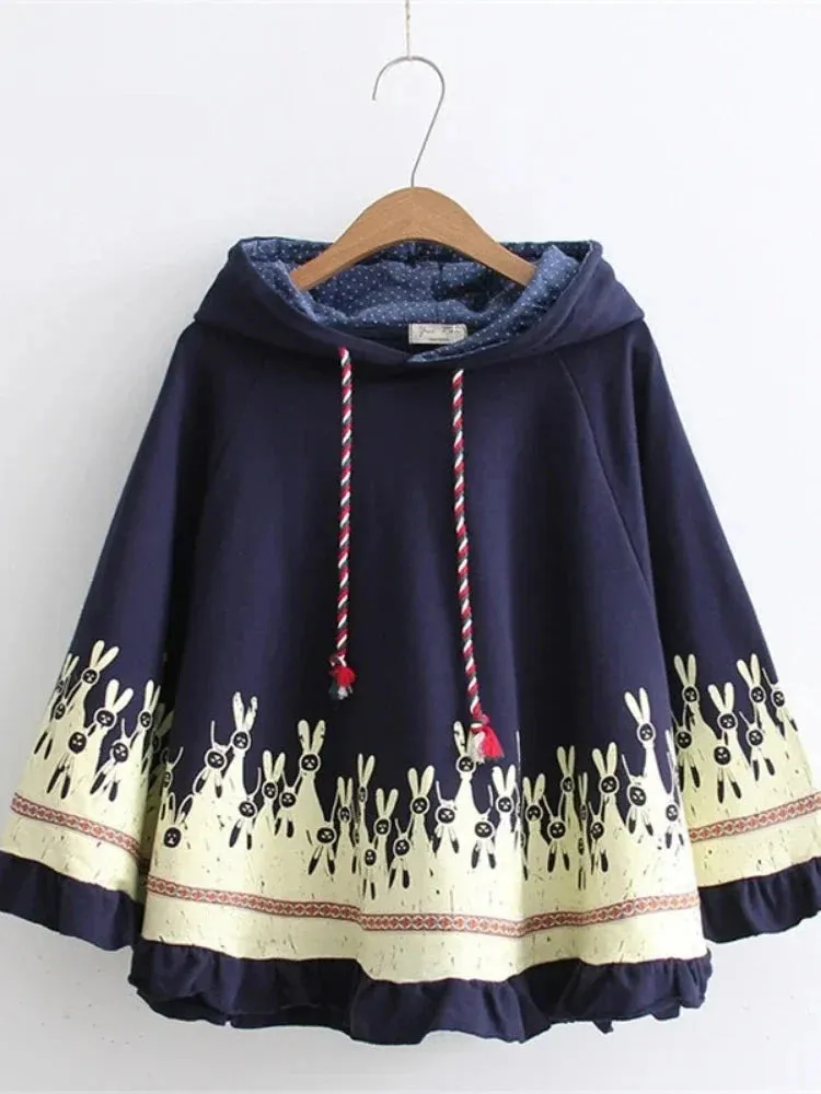 Metaversmall Cloak Outerwear Women Autumn Rabbit Print Ear Stereo Hoodies Coat Cotton Pullover Poncho Jacket  Hooded