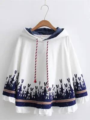 Metaversmall Cloak Outerwear Women Autumn Rabbit Print Ear Stereo Hoodies Coat Cotton Pullover Poncho Jacket  Hooded