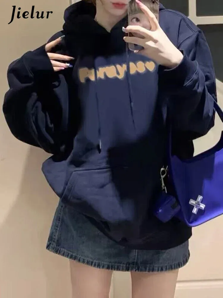 Metaversmall Navy Blue Chicly Hooded Drawstring Loose Female Hoodies Fashion Letter Printing Pocket Basic Simple Casual Women Hoodies