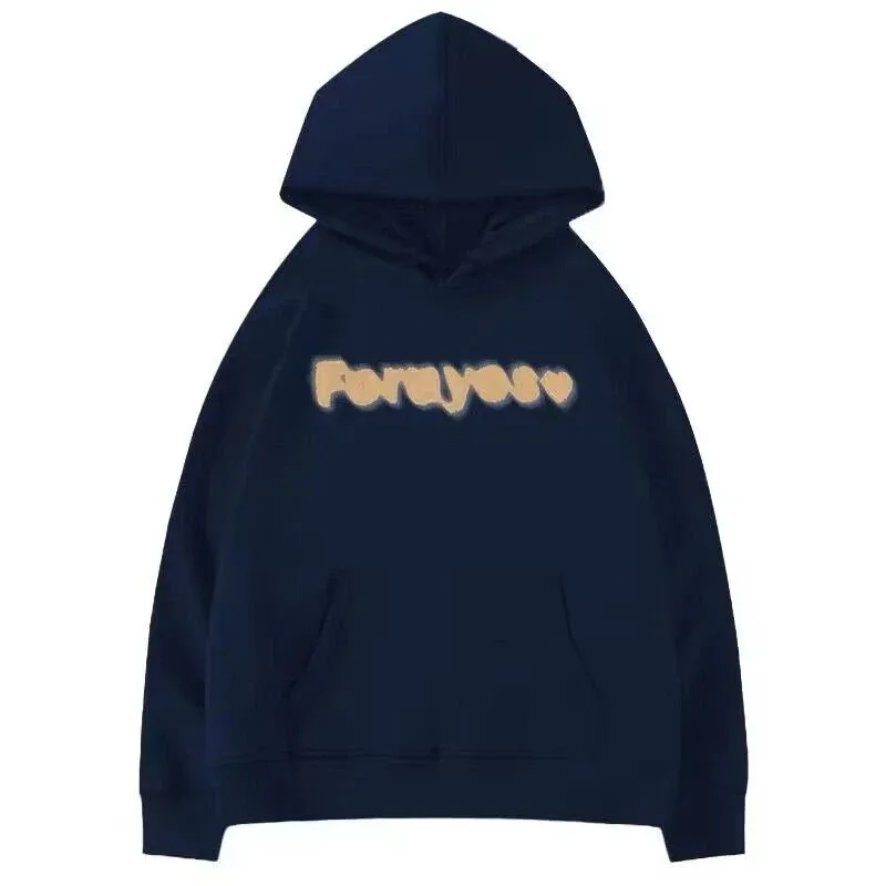 Metaversmall Navy Blue Chicly Hooded Drawstring Loose Female Hoodies Fashion Letter Printing Pocket Basic Simple Casual Women Hoodies