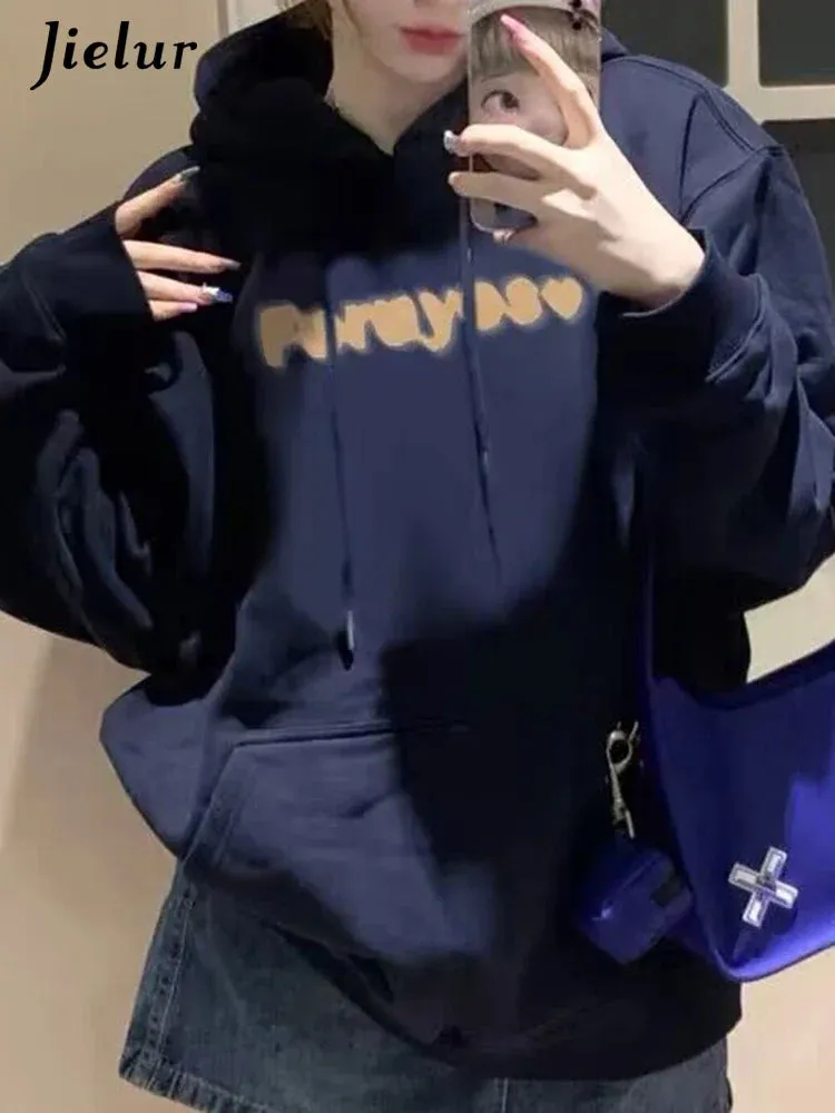 Metaversmall Navy Blue Chicly Hooded Drawstring Loose Female Hoodies Fashion Letter Printing Pocket Basic Simple Casual Women Hoodies