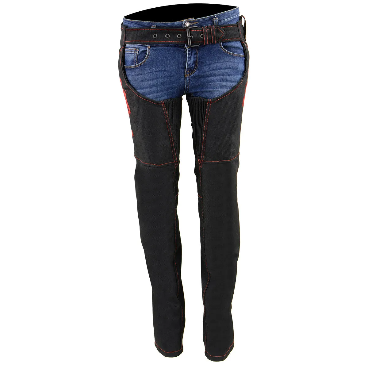 Milwaukee Leather SH1182 Women's Black with Red Textile Motorcycle Riding Chaps with Tribal Embroidery