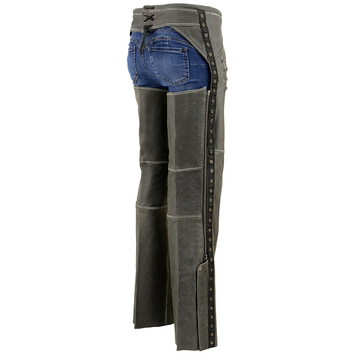 Milwaukee Leather Women Distress Grey Premium Leather Motorcycle Chaps w/ Accent Lace Details MLL6536