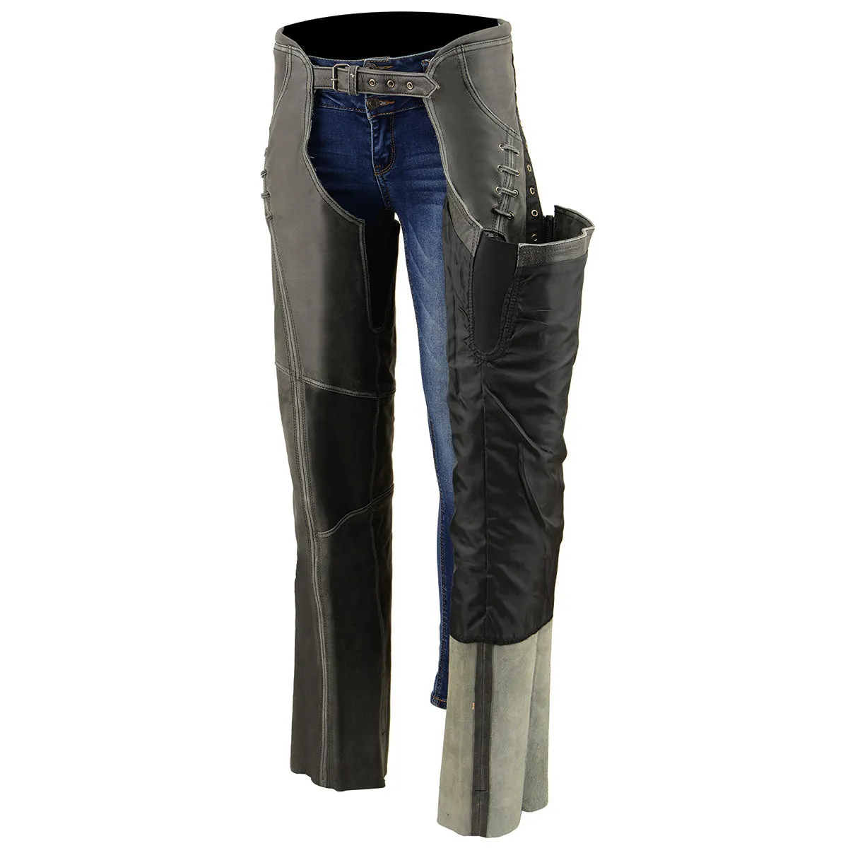 Milwaukee Leather Women Distress Grey Premium Leather Motorcycle Chaps w/ Accent Lace Details MLL6536