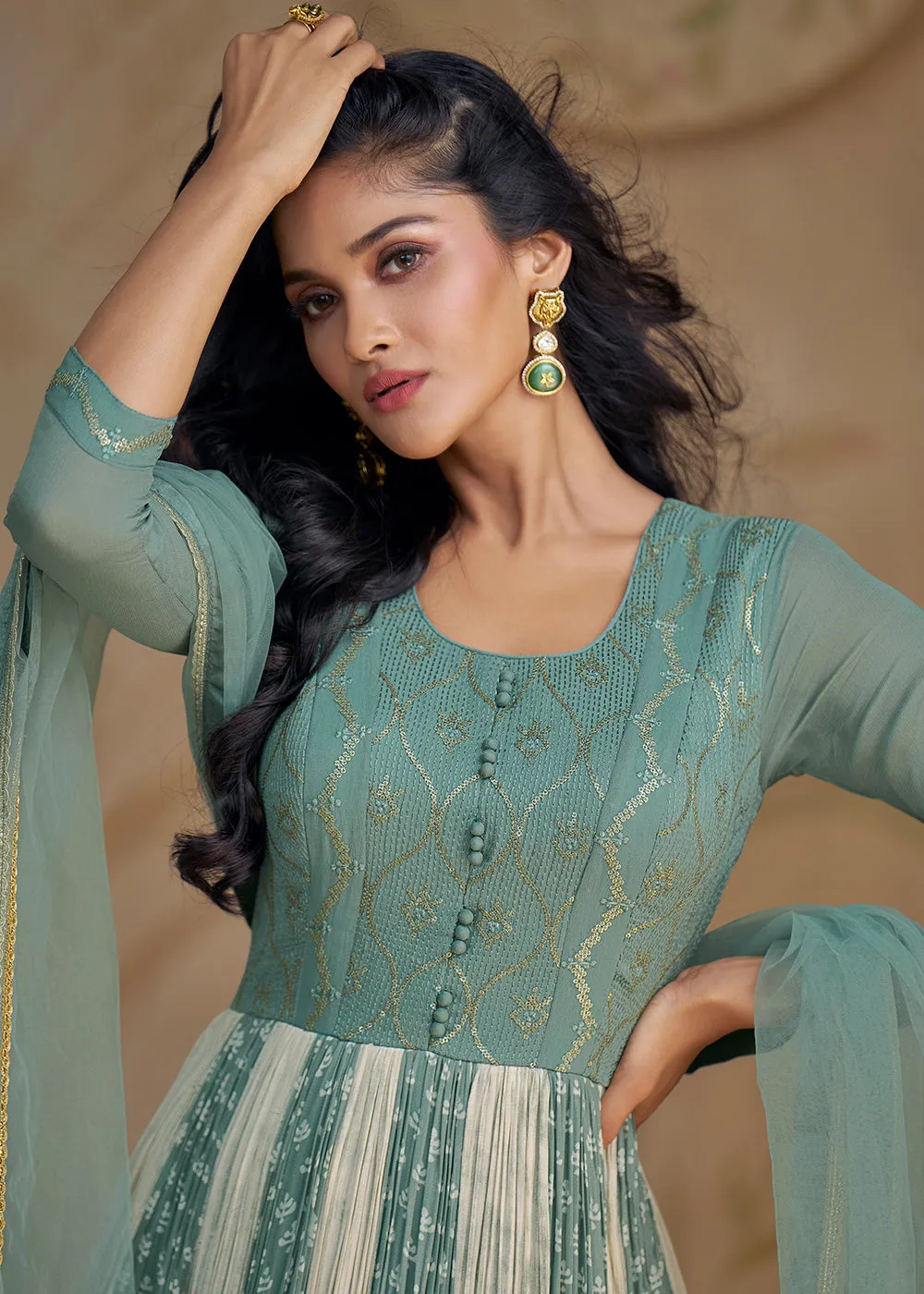 Mint Teal Sequins & Thread Wedding Festive Anarkali Dress