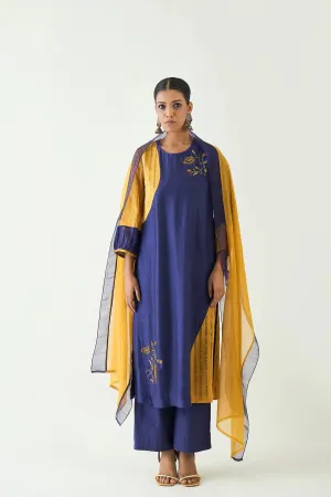 Mohini: Straight Cotton Silk Kurta set - Purple and Mustard