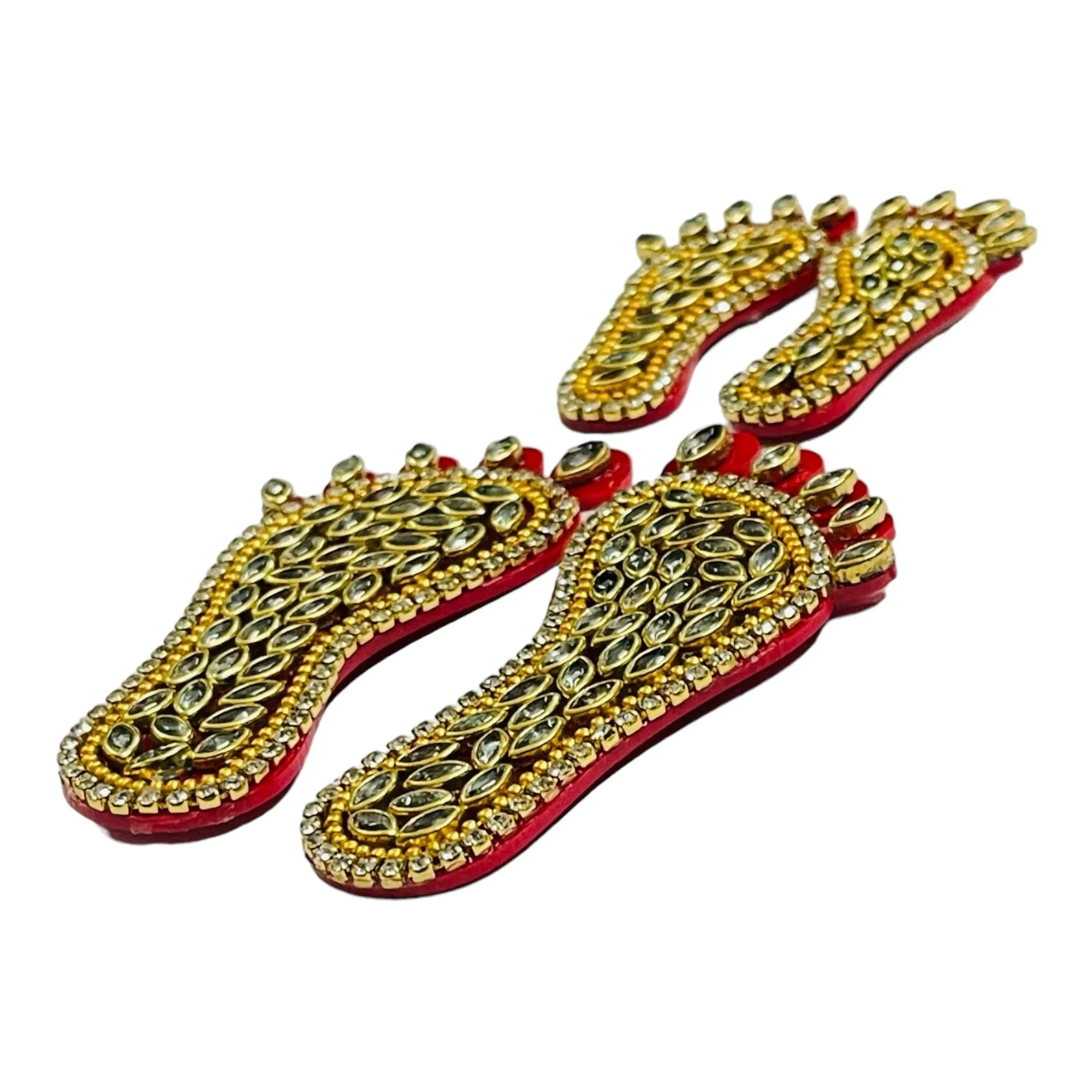 Moira Kundan Stone Lakshmi Charan Paduka on Acrylic Base, Set of 4, 2 inch and 3 inch, for Navratri and Diwali Puja