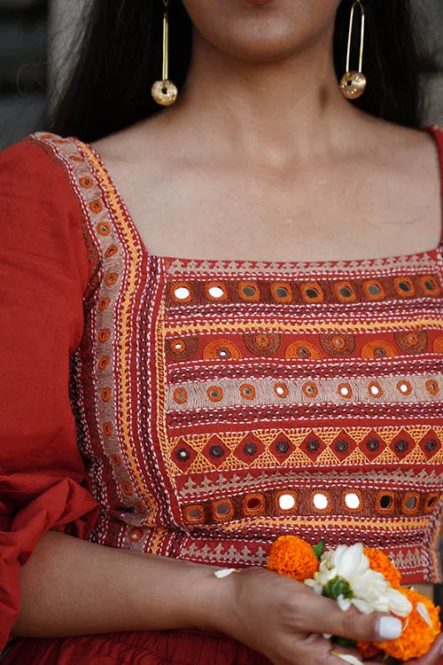 Okhai "Nritya" Hand-Embroidery and Mirrorwork Rust Pure Cotton Blouse