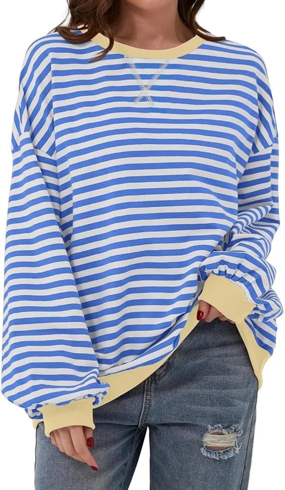 Olavrcby Womens Oversized Crewneck Sweatshirt Striped Color Block Long Sleeve Casual Loose Pullover Tops Y2K Shirt 2024