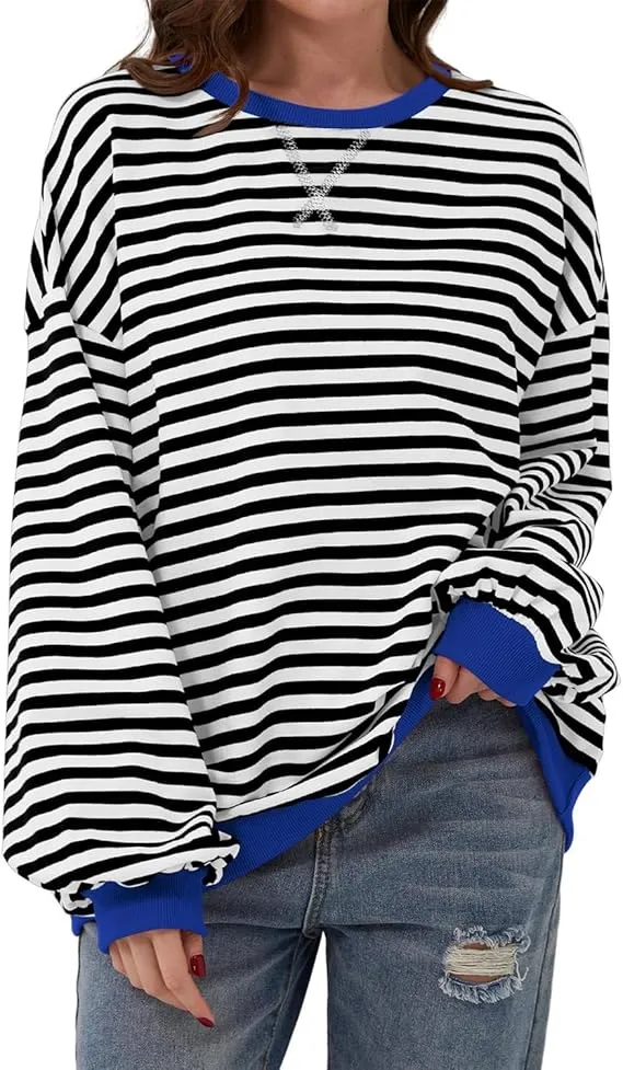 Olavrcby Womens Oversized Crewneck Sweatshirt Striped Color Block Long Sleeve Casual Loose Pullover Tops Y2K Shirt 2024