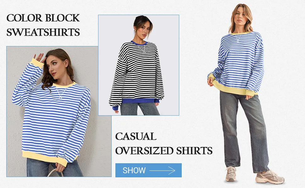 Olavrcby Womens Oversized Crewneck Sweatshirt Striped Color Block Long Sleeve Casual Loose Pullover Tops Y2K Shirt 2024