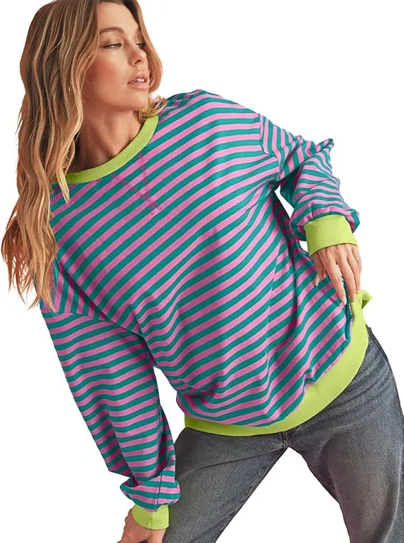 Olavrcby Womens Oversized Crewneck Sweatshirt Striped Color Block Long Sleeve Casual Loose Pullover Tops Y2K Shirt 2024